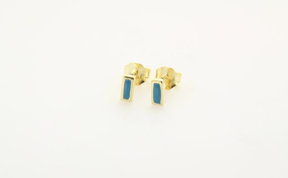 14K Yellow Gold Turquoise Enamel Stud Earrings: Rectangle Dainty Studs