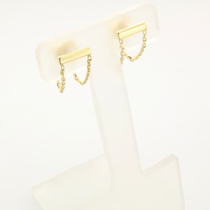 14K Gold Bar Chain Earrings: Dainty Front to Back Studs