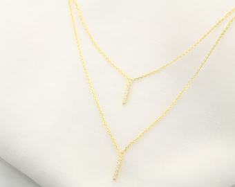 14k Gold Diamond Pave Bar Necklace, Double Diamond Bar Necklace, 14K Gold Layered Diamond Vertical Bar Necklace, Diamond Layer Necklace