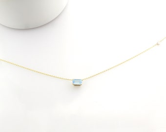 14K Gold Emerald Cut Gemstone & Diamond Bezel Pendant Necklace, 5x3 Emerald Cut Birthstone, Personalized Birthstone Necklace, Gift for Her