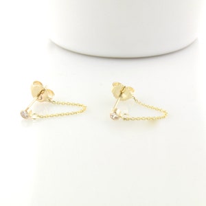 14K Gold Diamond Chain Earrings: Dangle Bezel Studs