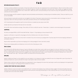 May include: A FAQ page with information about return and exchange policies, shipping, ring sizing, repairs, and caring for 14k gold jewelry. The text includes details about free shipping, restocking fees, and a 14-day return policy.