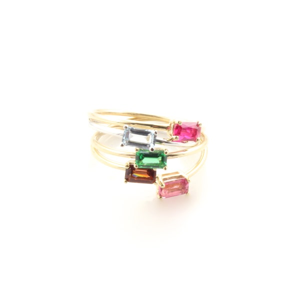 Birthstone Ring, 14k Gold Gemstone Ring, 5x3 Emerald Cut Gemstone Ring, 14K Emerald Cut Birthstone Stacking Rings, Birthday Gift for Her