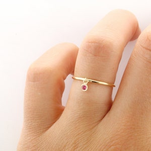 14K Gold Ruby Droplet Ring: Dainty July Birthstone Stacking Ring