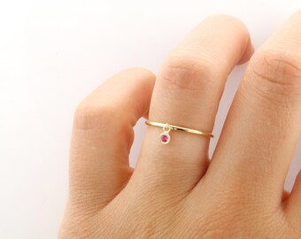 14K Gold Ruby Droplet Ring: Dainty July Birthstone Stacking Ring