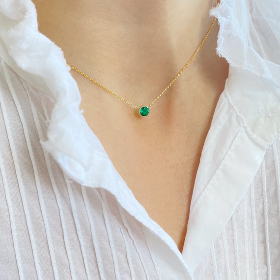 14k Yellow Gold Birthstone Necklace with Emerald - May 14k Yellow Gold Birthstone Necklace with Emerald - May