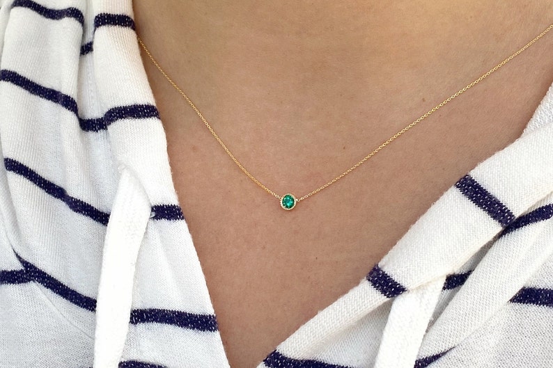 Emerald Necklace, 14K Gold Emerald Bezel Necklace, Delicate Birthstone Necklace, Birthstone Jewelry, May Birthstone, Gift for her image 6