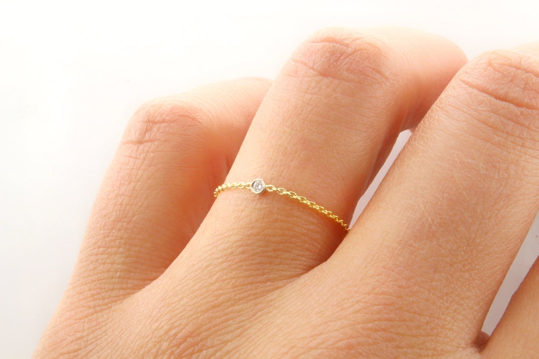 Diamond Bezel Chain Ring, Diamond Chain Ring, 14K Gold Chain Ring, Minimalist Jewelry, Dainty