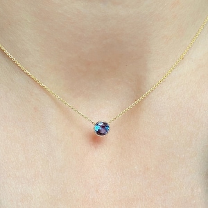 5MM Alexandrite Necklace, 14K Gold Alexandrite Bezel Solitaire Pendant Necklace, June Birthstone Necklace, Gemstone Necklace Gift for Her