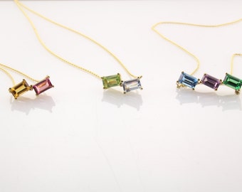 14K Gold Two Stone Necklace: Emerald Cut Birthstone Pendant