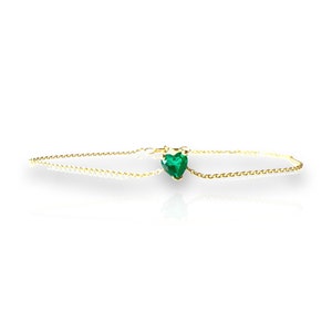 14K Gold Emerald Heart Bracelet: Dainty May Birthstone Jewelry
