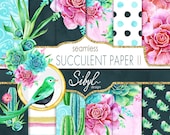 60 OFF SALE Digital Floral Paper, Watercolor Succulent Papers II, Cactus Seamless Pattern, Botanical Greenery, Desert cacti, Planner Papers