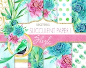 60 OFF SALE Digital Watercolor Paper, Watercolor Succulent Papers, Seamless Cactus Plant, Botanical Greenery, Desert Cacti, Planner Papers