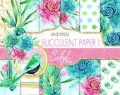 60 OFF SALE Digital Watercolor Paper, Watercolor Succulent Papers, Seamless Cactus Plant, Botanical Greenery, Desert Cacti, Planner Papers