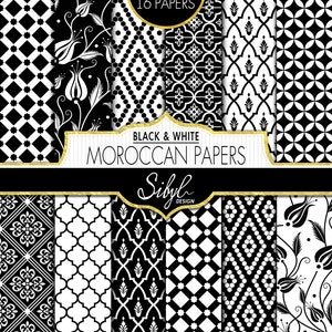 60% KORTING OP DE VERKOOP, digitaal geometrisch papier, zwart-wit etnische Marokkaanse patronen, Marokkaanse mozaïekstencils, scrapbookingpapier, tribal papier