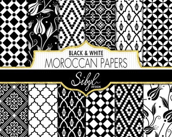 60% OFF SALE, Digital Geometric Paper, Black and White Ethnic Moroccan Patterns, Moroccan Mosaic Stencils, Scrapbooking Paper, Tribal Paper