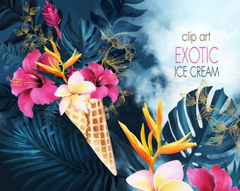 Tropical Digital Clip Art, Exotic flower clipart,Digital Ice Cream Floral Clip Art,Summer Party Bouquet, Plumeria, Hibiscus PNG