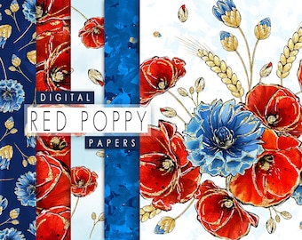 Digital Floral Paper, Red Poppies Digital Papers, Cornflower Papers, Floral Seamless Patterns, Wild Flower Paper,Scrapbooking, Planner Paper