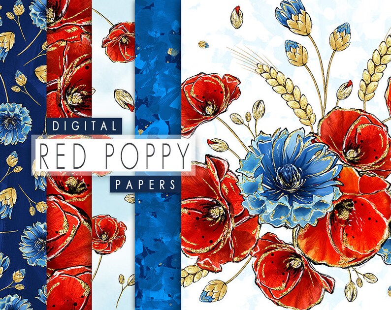 Digital Floral Paper, Red Poppies Digital Papers, Cornflower Papers, Floral Seamless Patterns, Wild Flower Paper,Scrapbooking, Planner Paper image 1