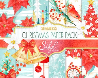 Christmas Digital Paper, Watercolor Christmas Seamless Paper, Christmas Hand Painted Paper, Snowflakes, Christmas Trees, Xmas Paper