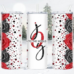 Christmas 20oz Skinny Tumbler Wrap Design Joy To The World, Sublimation Seamless Template, Red Roses Tumbler Sublimation PNG, Christmas Gift