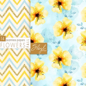 May include: A set of 14 digital seamless patterns featuring yellow watercolor flowers on a blue background and a chevron pattern with gold glitter. The text "Fall Flowers" is included in the image.