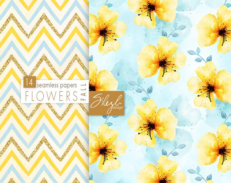 May include: A set of 14 digital seamless patterns featuring yellow watercolor flowers on a blue background and a chevron pattern with gold glitter. The text "Fall Flowers" is included in the image.