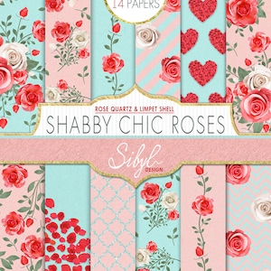 Papel digital floral, papel digital Shabby Chic, rosas de cuarzo rosa y conchas de lapa Shabby Chic, papel digital floral para bodas, papel para agenda