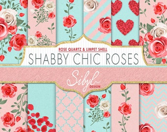 Floral Digital Paper, Shabby Chic Digital Paper, Shabby Chic Rose Quartz and Limpet Shell Roses, Wedding Floral Digital Paper, Planner Paper