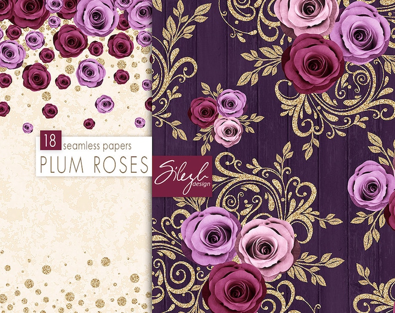 Floral Digital Paper Purple Roses Seamless Pattern Autumn - Etsy