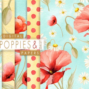 Digitale Aquarell Blumenpapiere, rote Mohnblume und Gänseblümchen-Blütenpapier, Aquarell-nahtlose Musterung, Gänseblümchen-Blume, handgemaltes Papier
