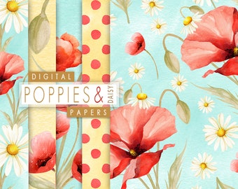 Digital Watercolor Floral Papers, Red Poppy And Daisies Flower Paper, Watercolor Floral Seamless Pattern, Daisy Flower Hand Painted Paper