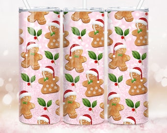 Pink Christmas Tumbler PNG, Gingerbread 20oz Skinny Wrap,  Sweets Sublimation Seamless Design, Cookies Tumbler Sublimation Holiday,Xmas Gift