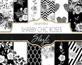 Nahtlose Blumenpapier, shabby chic schwarze und weiße Rosen, nahtlose Rosenmuster, druckbare Blumen-Papiere, Rosengarten-Sammelalbum