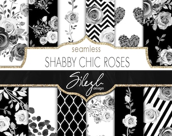 Seamless Floral Digital Paper, Shabby Chic Black and White Roses, Seamless Rose Patterns, Printable Flowers Papers, Rose Garden Scrapbook