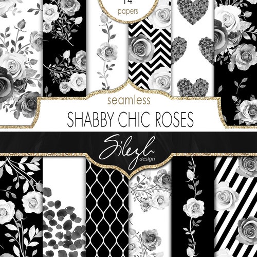 Black &amp; White Shabby Chic Flowers Digital Paper Pack Vintage - Etsy