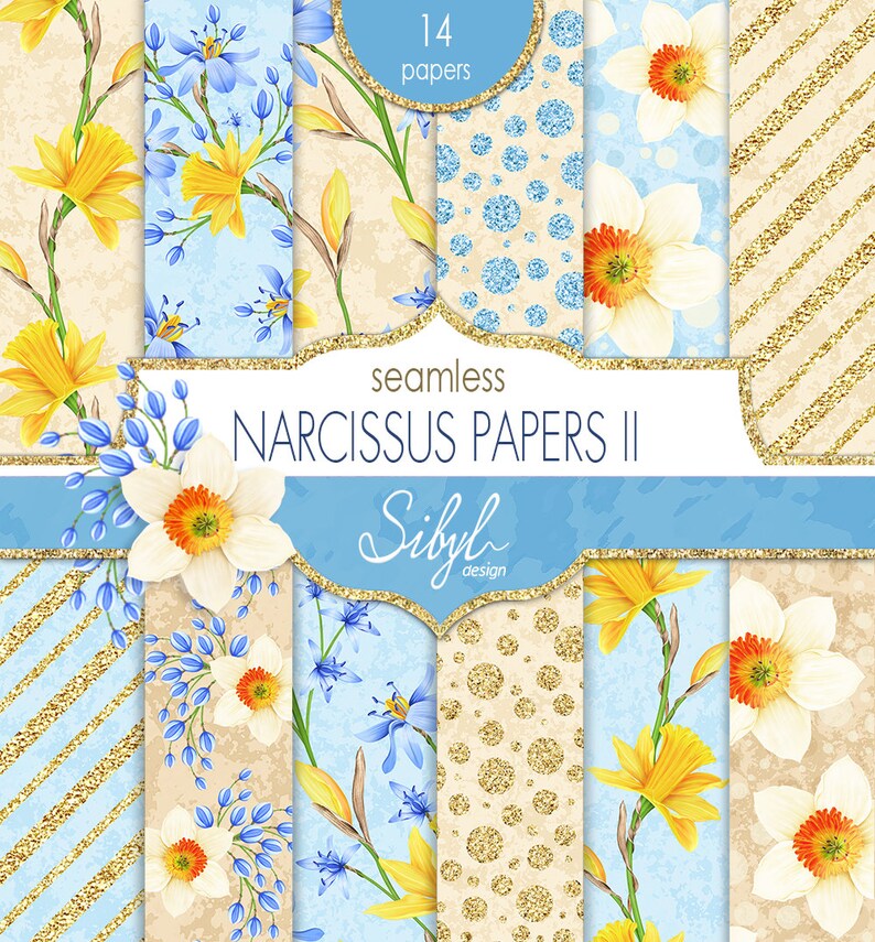 K&ouml;nnte beinhalten: Ein Set mit 14 digitalen nahtlosen Mustern mit Aquarell-Illustrationen von Narzissen und Blausternen auf hellblauem und beigefarbenem Hintergrund. Die Muster sind perfekt f&uuml;r Bastel-, Scrapbooking- und digitale Designprojekte. Der Text "seamless NARCISSUS PAPERS II Sibyl design" ist im Bild enthalten.