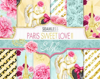 Valentine Digital Papers II, Seamless Watercolor Romantic Paper, Тurquoise Gold Love Paper,Peony, Bonjour Paris, Eiffel Tower, Planner Paper