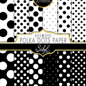 Zwart-wit stippen digitaal papier, digitale zwart-witte stippen achtergrond, plakboekpapier, stippenpatroon, geometrisch