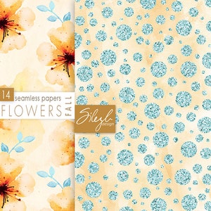 May include: A set of 14 digital seamless patterns featuring watercolor flowers and glitter polka dots. The patterns are perfect for creating digital and printed projects, such as scrapbooking, card making, and fabric design. The text "FALL FLOWERS" is displayed on the image.
