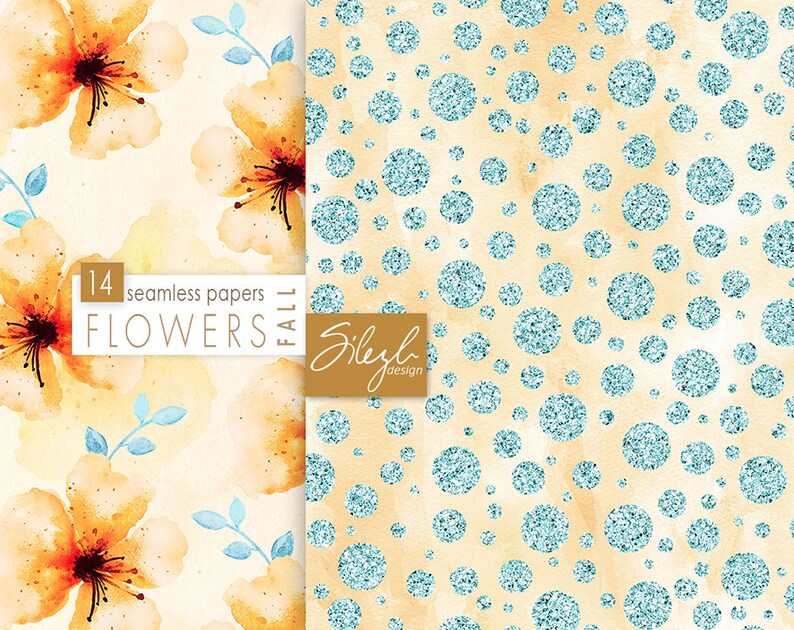 May include: A set of 14 digital seamless patterns featuring watercolor flowers and glitter polka dots. The patterns are perfect for creating digital and printed projects, such as scrapbooking, card making, and fabric design. The text "FALL FLOWERS" is displayed on the image.
