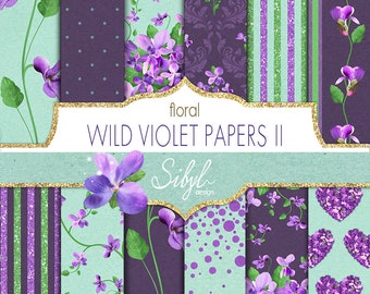 Spring Floral Digital Papers, Teal and Purple Violet Flower Paper,Floral Garden Violet Pattern, Wild Flower Printable Papers, Violet Collage