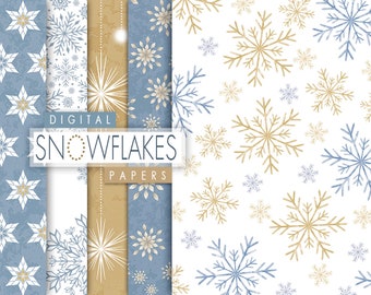 Watercolor Snowflakes Papers, Digital Snowflakes Paper, Gold Snowflakes Seamless Collage, Christmas Paper, Frozen Patterns, Xmas Printable