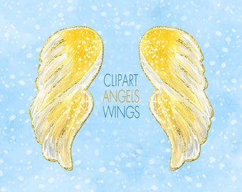 Angels Wings Clipart Set, Clouds Clipart, Heaven Clipart, Gold Wings Clipart, Christmas Clipart, Feathered Wings, PNG Wings