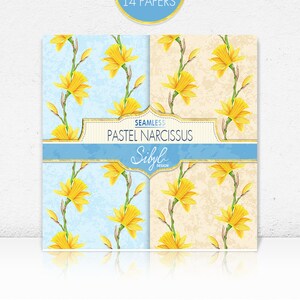 K&ouml;nnte beinhalten: Zwei nahtlose digitale Papiermuster mit pastellgelben Narzissen auf blauem und cremefarbenem Hintergrund. Der Text "Seamless Pastel Narcissus Sibyl Design" wird auf einem goldenen und blauen Banner angezeigt.