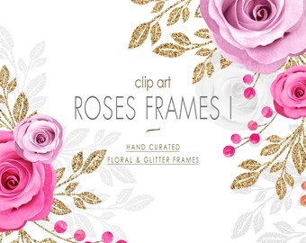 Floral Clipart Set, Pink Roses Frames, Flowers Clipart, Floral Bouquets Clipart, Digital Florals PNG, Wedding Floral Frames, Pink Roses PNG