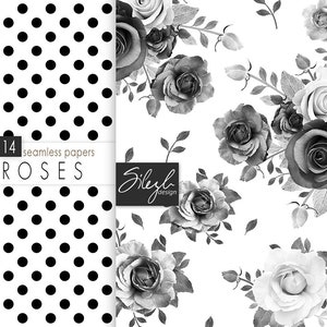 Seamless Floral Digital Paper, Shabby Chic Black and White Roses ...