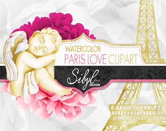 Valentine Clipart, Watercolor Romantic Clipart, Love Clipart, Bonjour Paris, Eiffel Tower,Heart, Peony, Angel Love, Paris PNG, Valentine PNG