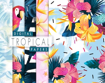 Tropical Digital Papers, Exotic Summer Digital Papers, Tropical Leaves, Floral Seamless Patterns, Floral Digital, Scrapbooking,Planner Paper