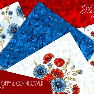 Digital Floral Paper, Red Poppies Digital Papers, Cornflower Papers, Floral Seamless Patterns, Wild Flower Paper,Scrapbooking, Planner Paper image 4